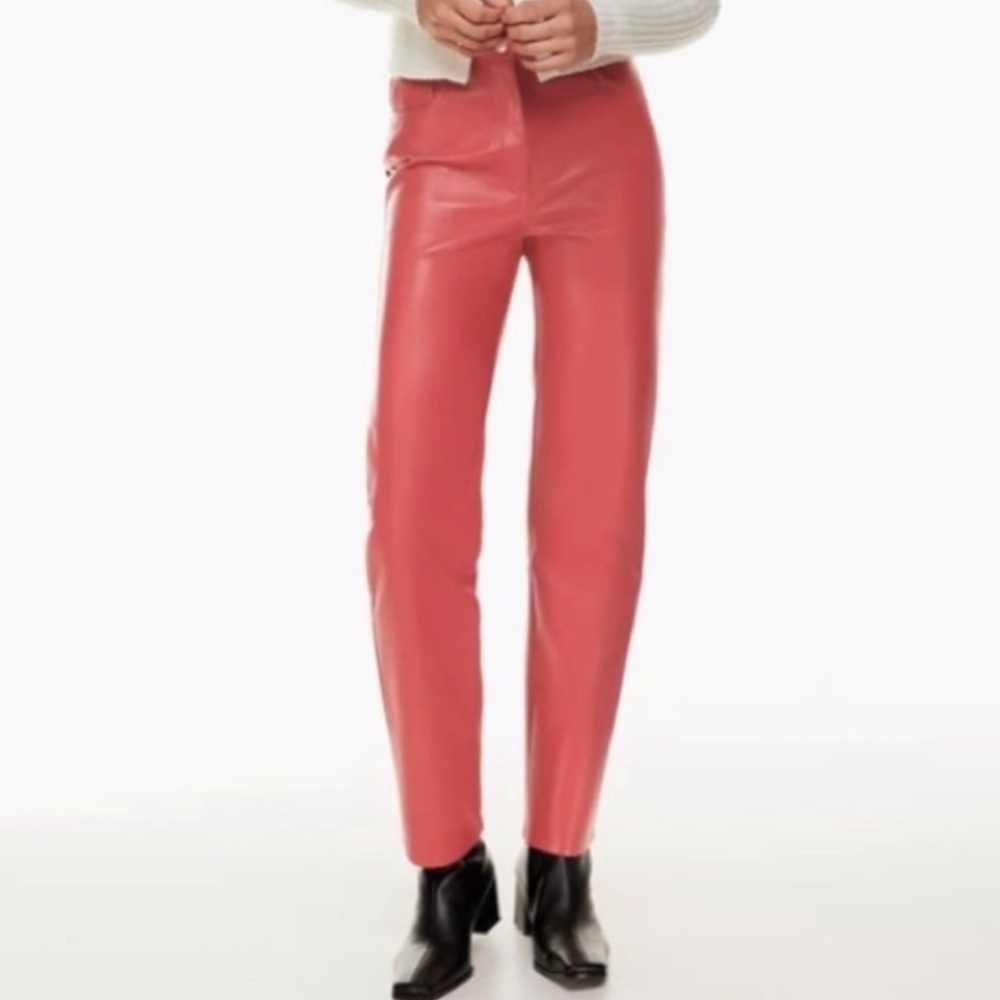 Wilfred Aritzia High Rise Straight Leg Rosey Red Faux Colorful Leather Pants (4)